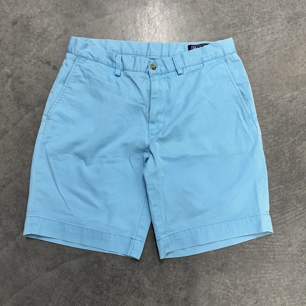 Polo Ralph Lauren Shorts Mens 32X9 Light Blue Khaki Chino Casual Flat Front Logo